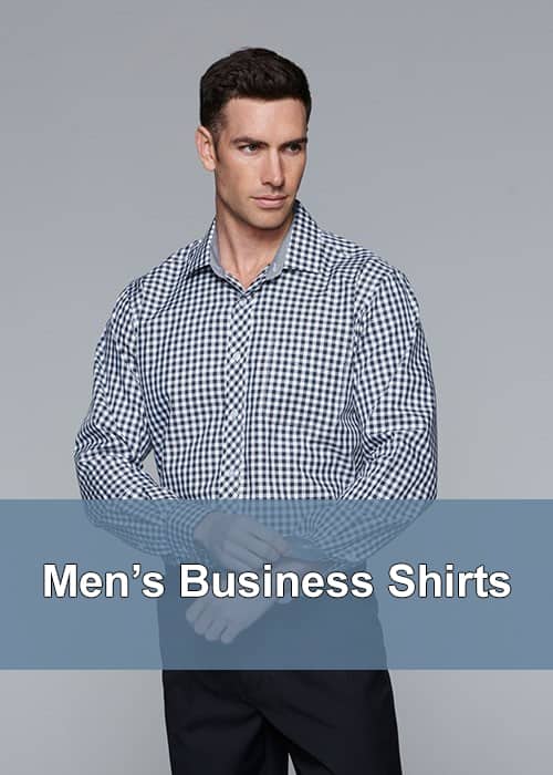 A man in a checked pattern of blue & white business shirt