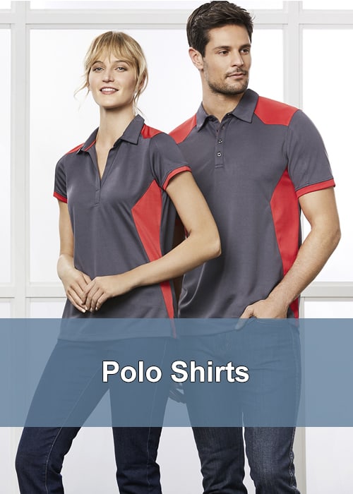Two people stood next to each other in business polo shirts